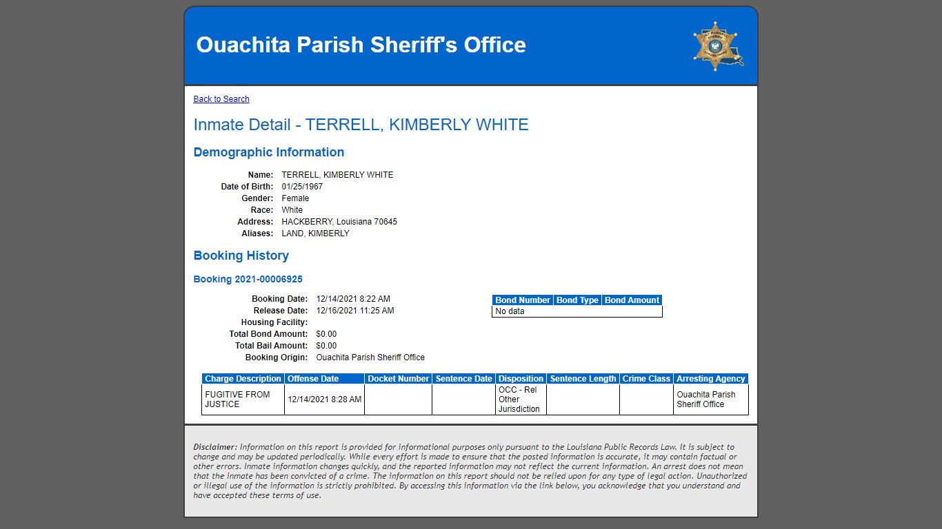Inmate Detail - TERRELL, KIMBERLY WHITE - bookings.opso.net